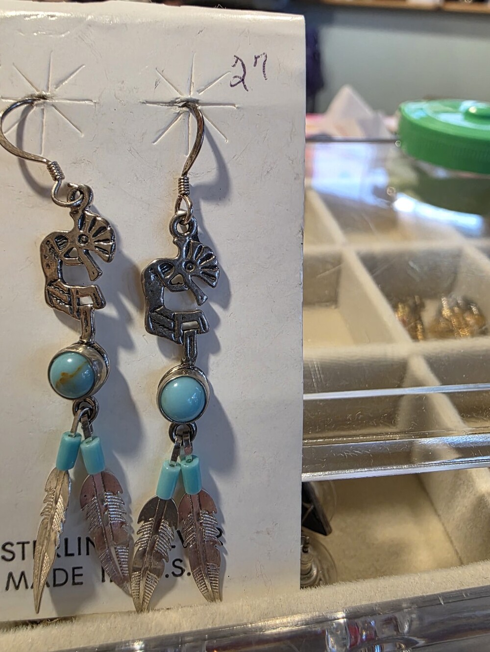 Sterling Silver Kokopelie Turquoise Feather Dangle Earrings - Blue